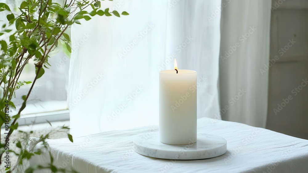 A serene candle placed on a stone coaster, surrounded by natural light and greenery, perfect for relaxation and ambiance. A serene candle placed on a stone coaster, surrounded by natural light and greenery, perfect for relaxation and ambiance.