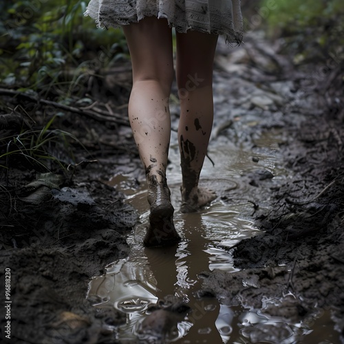 Barefoot person walking through muddy forest path photo