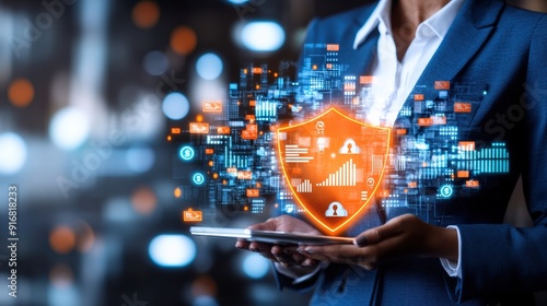 Business professional holding tablet with cybersecurity shield. Concept of data protection, network security, and digital security solutions.