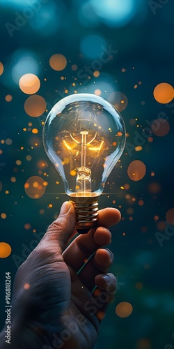 Hand holding a glowing light bulb with bokeh lights in the background photo