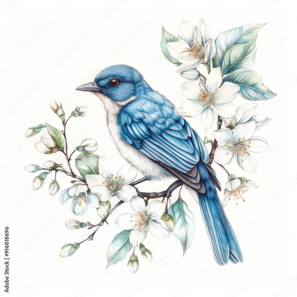 A beautifully illustrated blue bird perched on a branch with white flowers. A beautifully illustrated blue bird perched on a branch with white flowers.