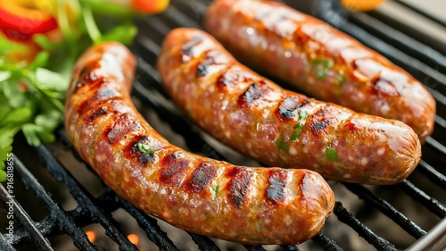 Delicious grilled sausages sizzling on the barbecue, surrounded by fresh vegetables, perfect for summer cookouts and gatherings.