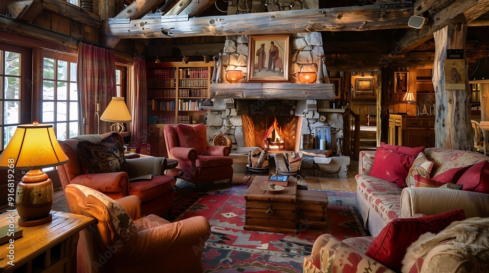 a cozy living room with a stone fireplace, wooden beams, and soft, comfortable seating a cozy living room with a stone fireplace, wooden beams, and soft, comfortable seating