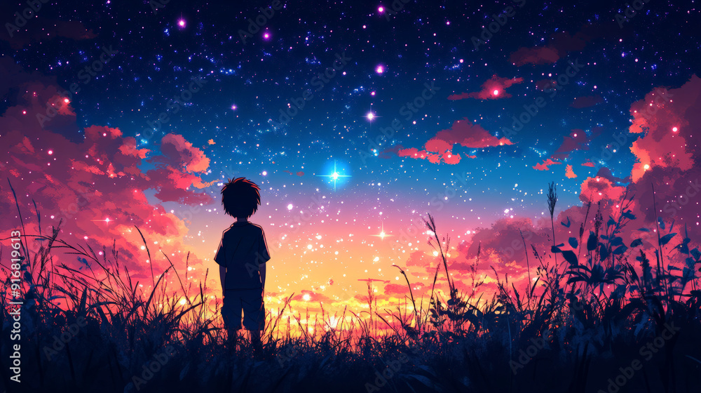 Stargazing Silhouette: Kid Looking at the Night Sky Stargazing Silhouette: Kid Looking at the Night Sky