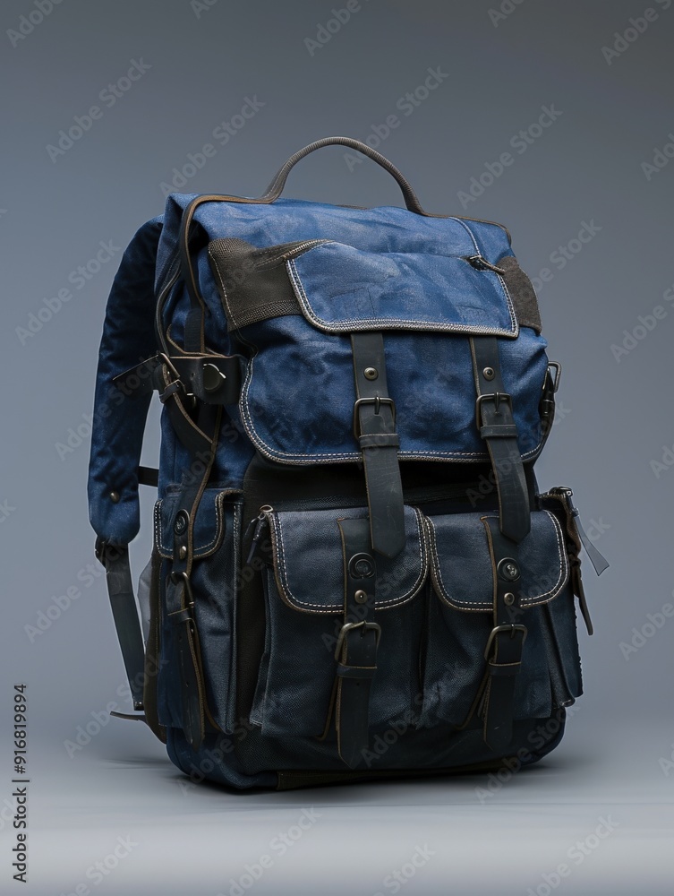 A blue and black backpack with multiple pockets and a stylish design. A blue and black backpack with multiple pockets and a stylish design.