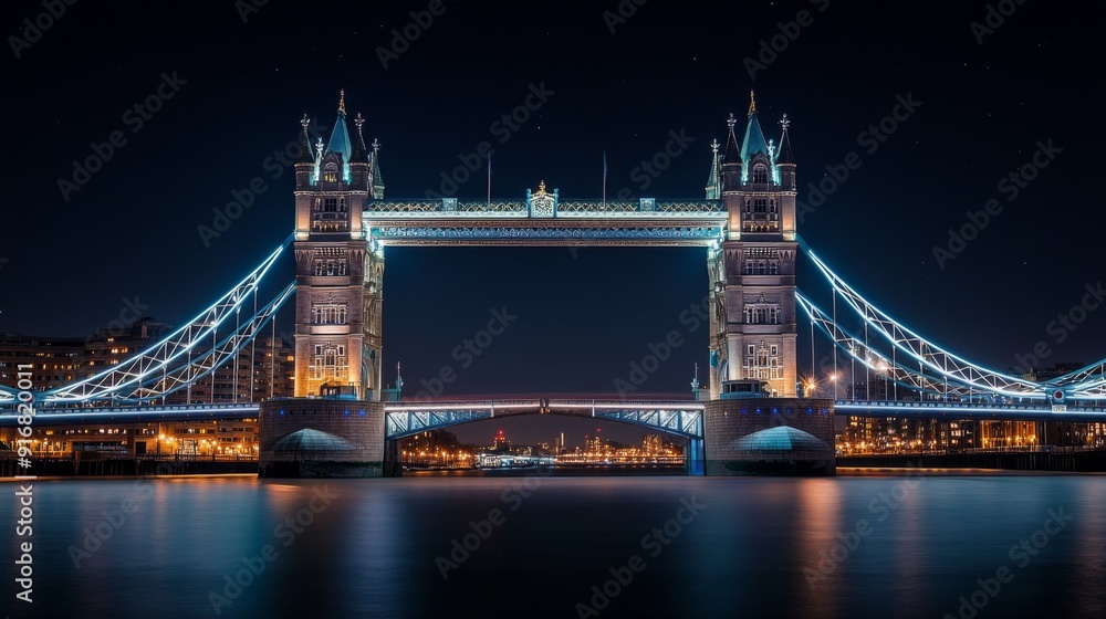 Obraz premium A scenic nighttime view of a famous landmark, such as a bridge or tower, lit up and standing out against the night sky.