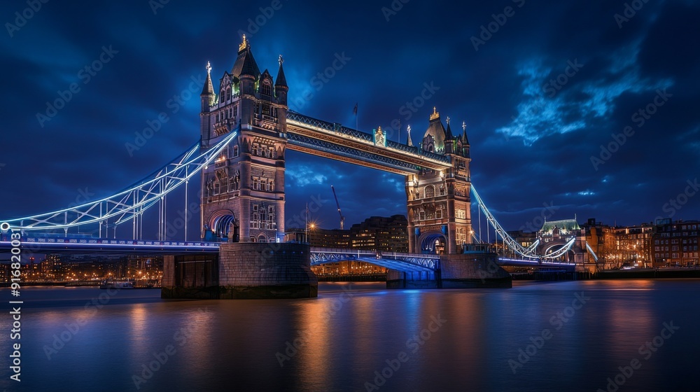 Obraz premium A scenic nighttime view of a famous landmark, such as a bridge or tower, lit up and standing out against the night sky.