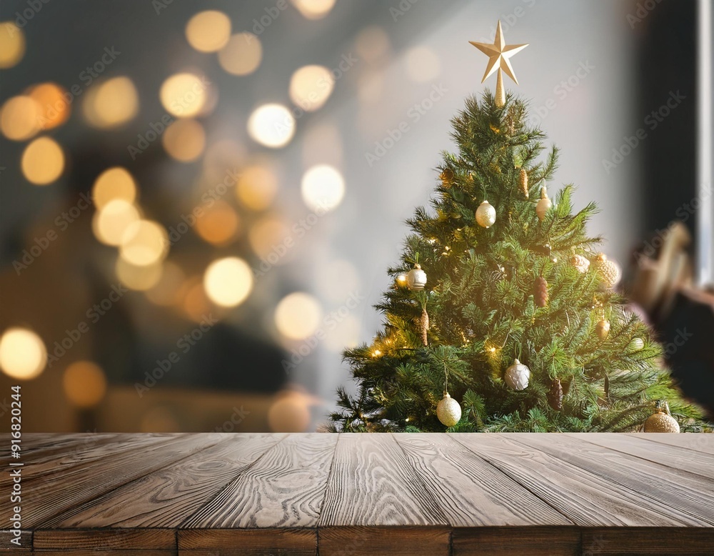 Holiday Elegance: Christmas Tree Background with Grey Wooden Table Holiday Elegance: Christmas Tree Background with Grey Wooden Table