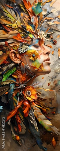 Abstract Face with Autumnal Feathers and Flowers.