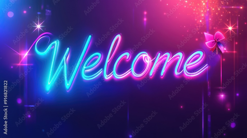 Welcome Neon Sign with Pink and Blue Lights and Glittering Stars. Welcome Neon Sign with Pink and Blue Lights and Glittering Stars.