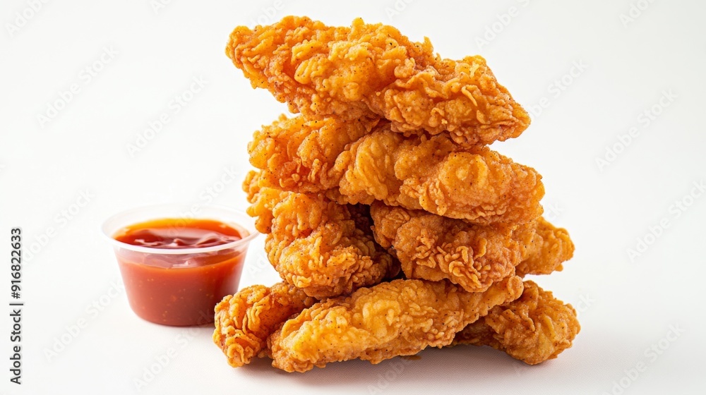 A stack of fried chicken tenders, crispy and golden, with a small cup of dipping sauce on a white background. A stack of fried chicken tenders, crispy and golden, with a small cup of dipping sauce on a white background.