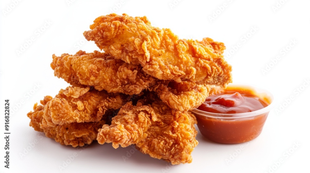 A stack of fried chicken tenders, crispy and golden, with a small cup of dipping sauce on a white background. A stack of fried chicken tenders, crispy and golden, with a small cup of dipping sauce on a white background.