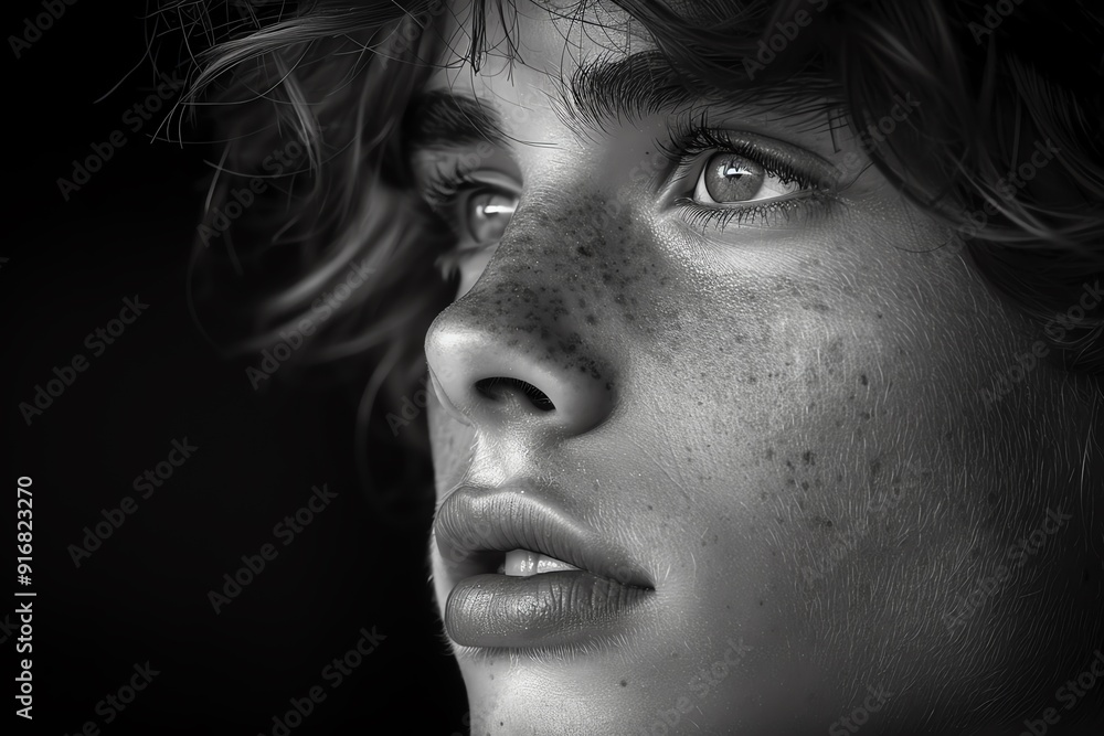 Black and white portrait, thoughtful teenager, side view, sharp lighting, reflective mood Black and white portrait, thoughtful teenager, side view, sharp lighting, reflective mood