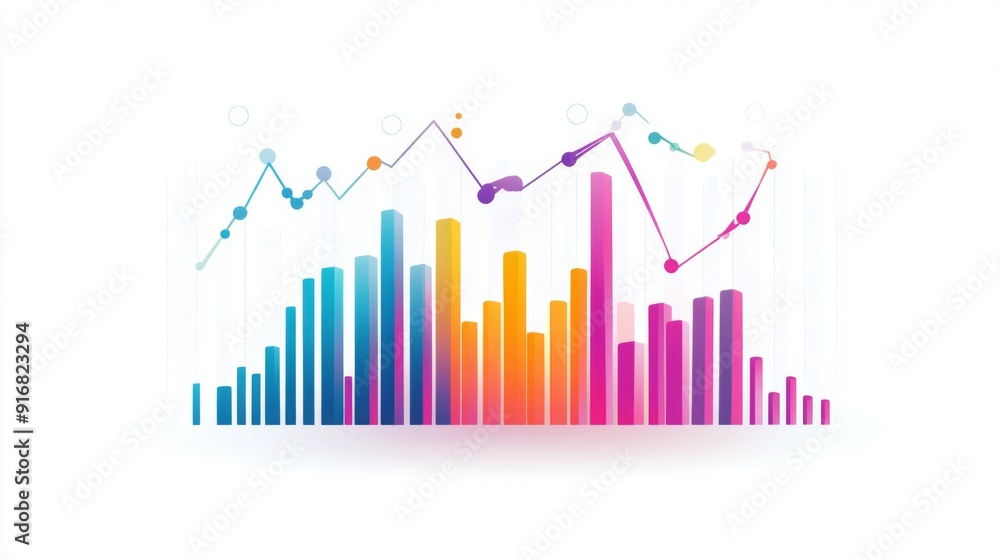 A stock chart with colorful bars and lines on a white background, representing clear and simple market data. A stock chart with colorful bars and lines on a white background, representing clear and simple market data.
