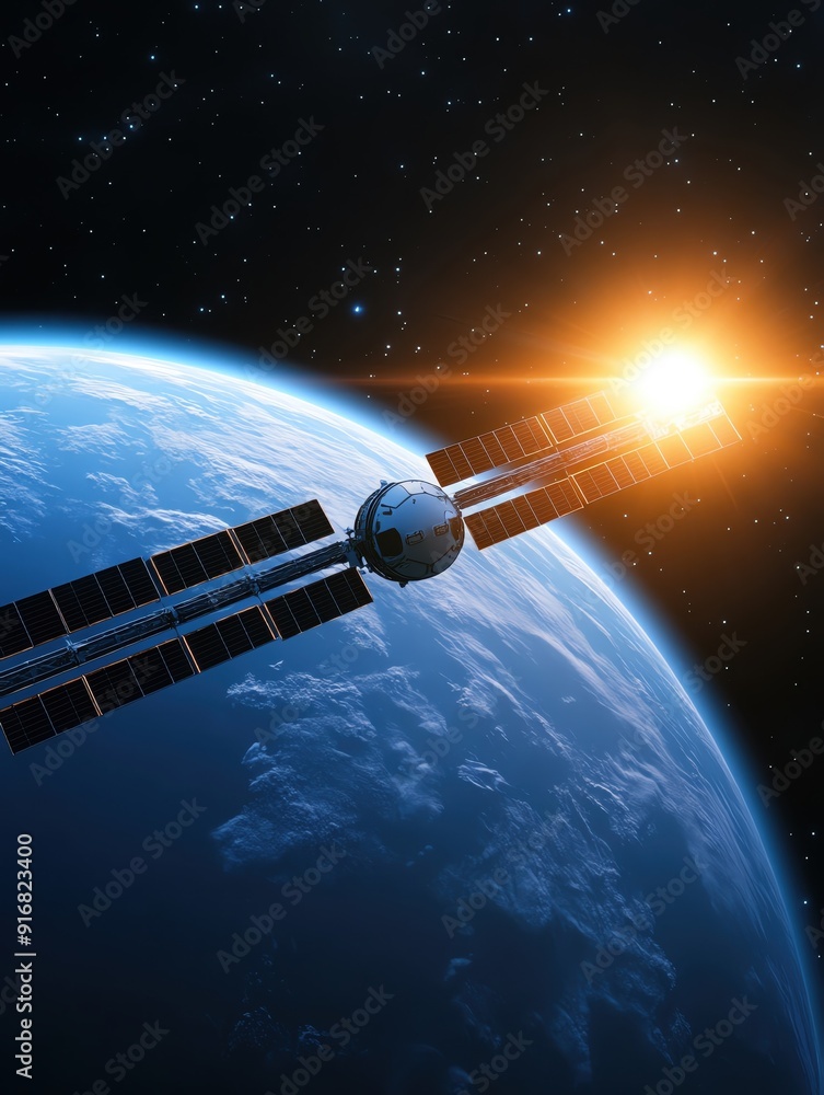 A stunning view of a satellite orbiting Earth as the sun rises, showcasing the beauty of space and technology in harmony.