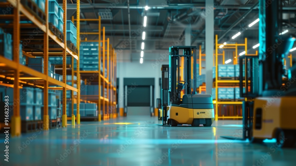 Forklift doing storage in warehouse by artificial intelligence automation. Robotics applied to industrial logistics Forklift doing storage in warehouse by artificial intelligence automation. Robotics applied to industrial logistics