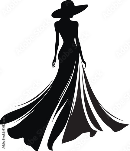 woman in long dress with wide brim hat walking away, elegant curves of the body and flowing fabric are captured in a simple yet sophisticated silhouette design. White background, black and white