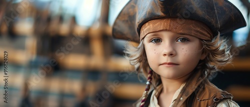 Child in pirate costume, ship background