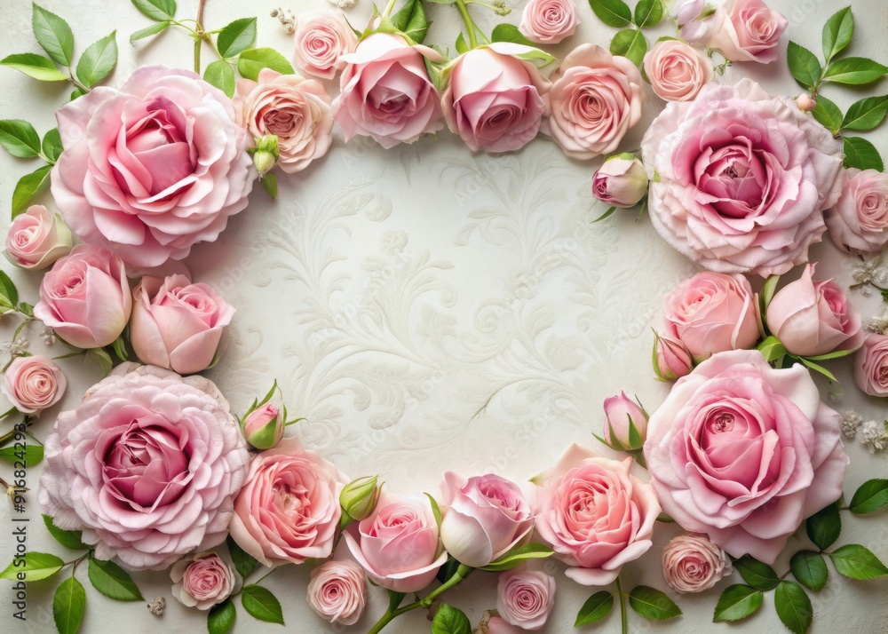 Delicate pink damask roses form an elegant floral frame on a crisp white background, showcasing intricate petals and soft texture. Delicate pink damask roses form an elegant floral frame on a crisp white background, showcasing intricate petals and soft texture.