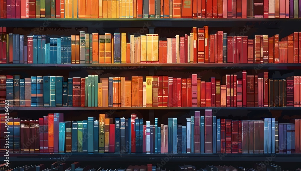 Colorful books on shelves, library scene Colorful books on shelves, library scene