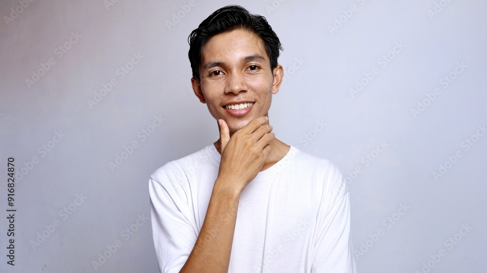handsome asian young man wearing white shirt gesture holding chin handsome asian young man wearing white shirt gesture holding chin