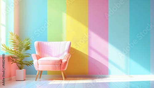 Colorful room, pastel armchair, rainbowstriped wall, minimalist setup, cheerful and bright photo