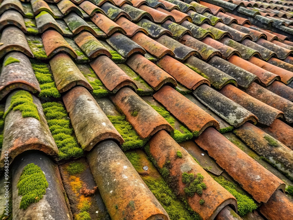 Worn, weathered, and moss-covered aged roof tile texture exhibiting cracks and decay after years of exposure to elements outdoors. Worn, weathered, and moss-covered aged roof tile texture exhibiting cracks and decay after years of exposure to elements outdoors.