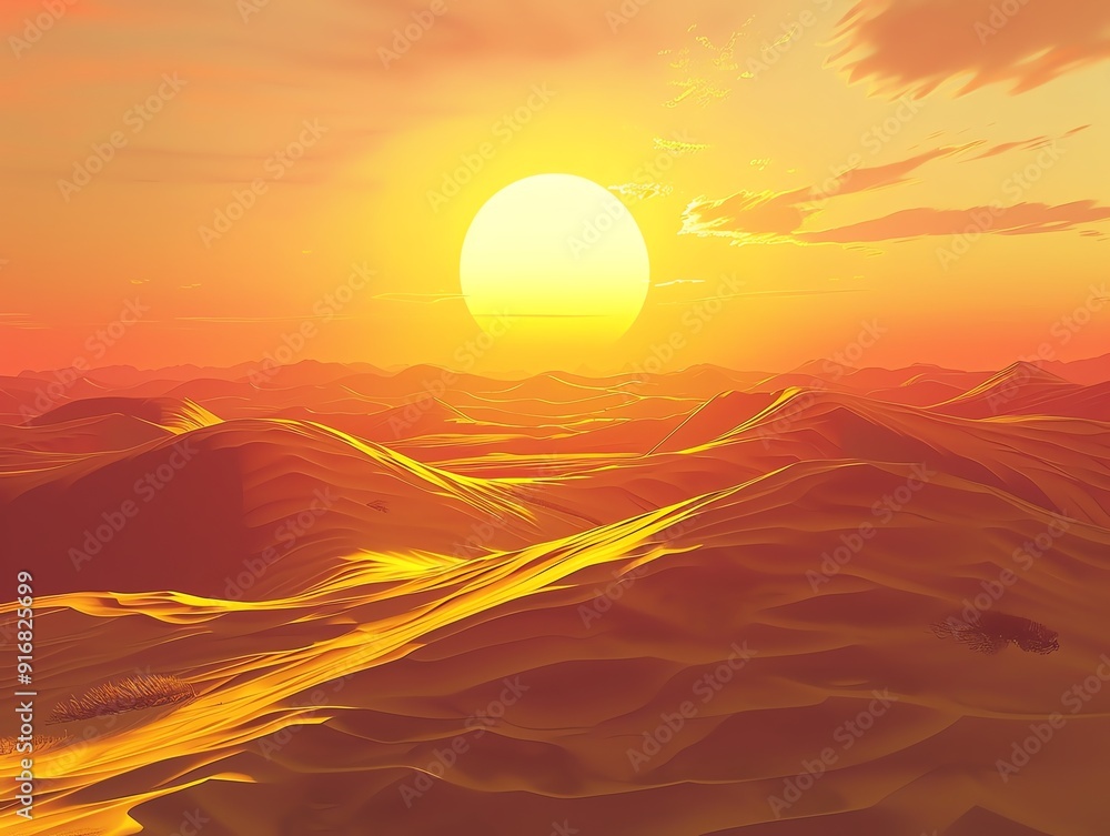 Obraz premium Desert landscape, golden sunset, dramatic sand dunes, wideangle shot