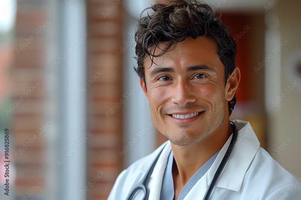 Doctor in white coat with stethoscope, smiling, natural light from window Doctor in white coat with stethoscope, smiling, natural light from window