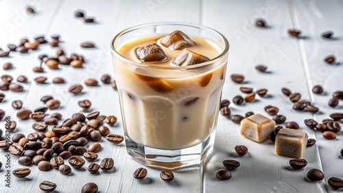 Frosted glass filled with creamy liqueur, ice cubes, and coffee beans, artistically arranged on a clean white background surface.