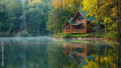 A cozy wooden cabin nestled in the woods, overlooking a still, reflective lake.