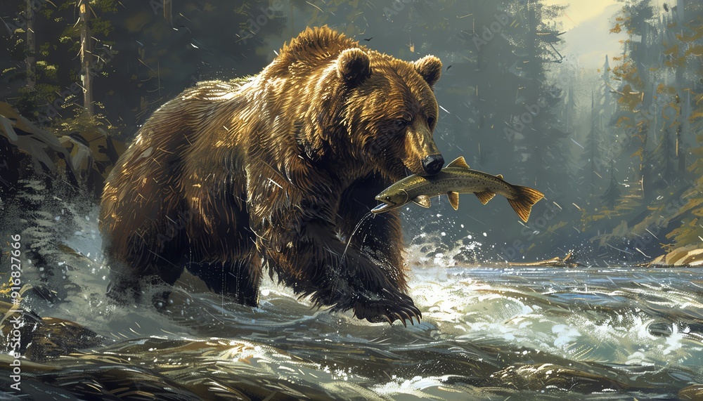 Grizzly bear catching salmon in a rushing river, dense forest backdrop, wilderness Grizzly bear catching salmon in a rushing river, dense forest backdrop, wilderness