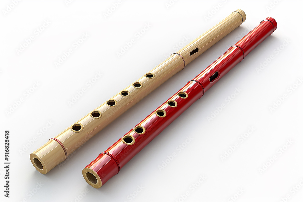 The flutes have holes along their lengths to make sound when played. They're lying on a white background. The flutes have holes along their lengths to make sound when played. They're lying on a white background.