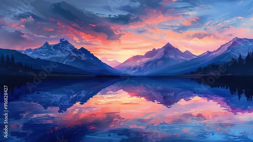 Majestic mountains reflecting in lake, vibrant twilight