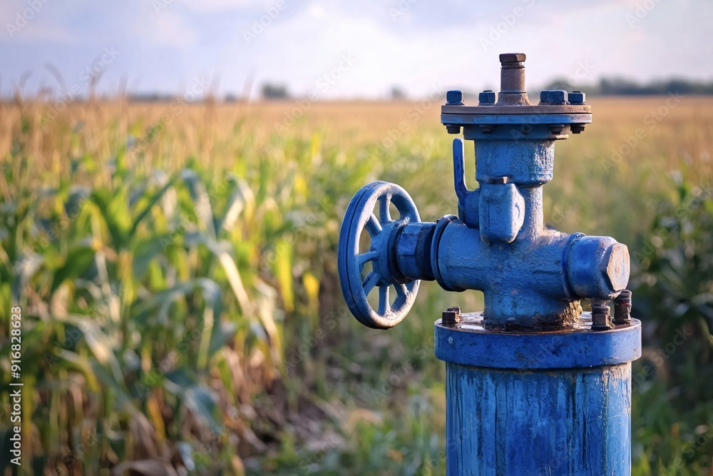 Old blue water pump is standing in a field of corn, providing irrigation to the thirsty crops Old blue water pump is standing in a field of corn, providing irrigation to the thirsty crops