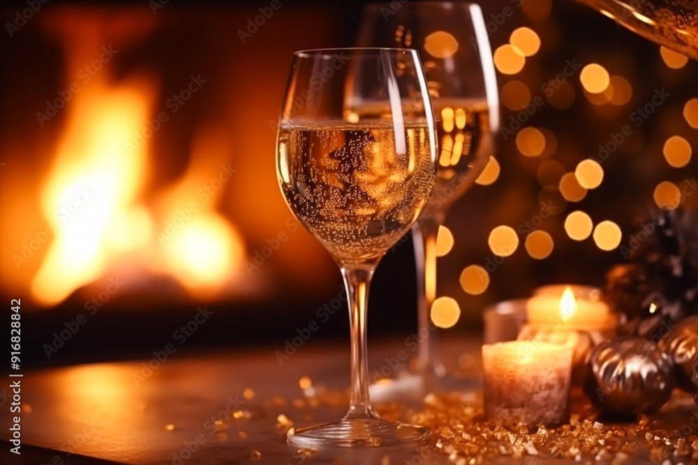 Sparkling wine, proseco or champagne in front of a fireplace on a holiday eve celebration, Merry Christmas, Happy New Year and Happy Holidays idea Sparkling wine, proseco or champagne in front of a fireplace on a holiday eve celebration, Merry Christmas, Happy New Year and Happy Holidays idea