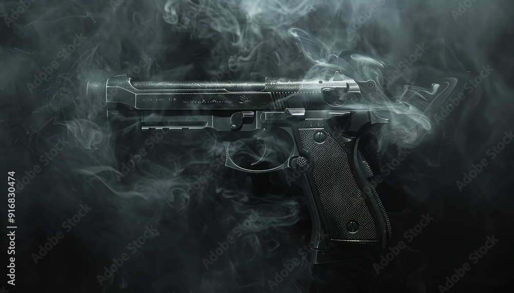 Smoking handgun against a dark background, dramatic lighting, intense and moody Smoking handgun against a dark background, dramatic lighting, intense and moody