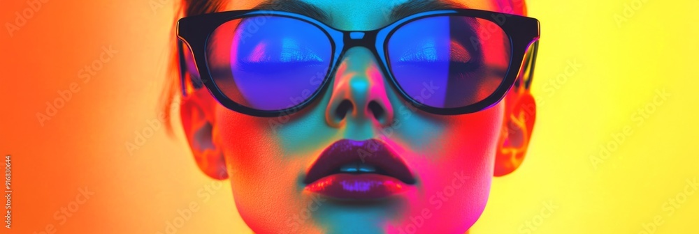 Abstract Pop Art Portrait of a Woman: Vibrant Neon Colors and Sunglasses Embellishing a Modern Contemporary Art Statement for Design and Fashion Magazine Covers Abstract Pop Art Portrait of a Woman: Vibrant Neon Colors and Sunglasses Embellishing a Modern Contemporary Art Statement for Design and Fashion Magazine Covers
