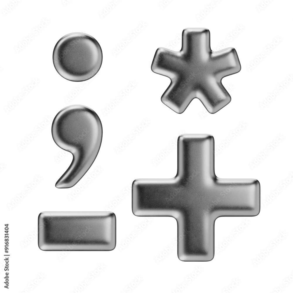 Obraz premium Punctuation marks: dot, comma, plus, minus or dash, asterisk. Isolated on a transparent background. 3D render of marks in silver with a matte texture.