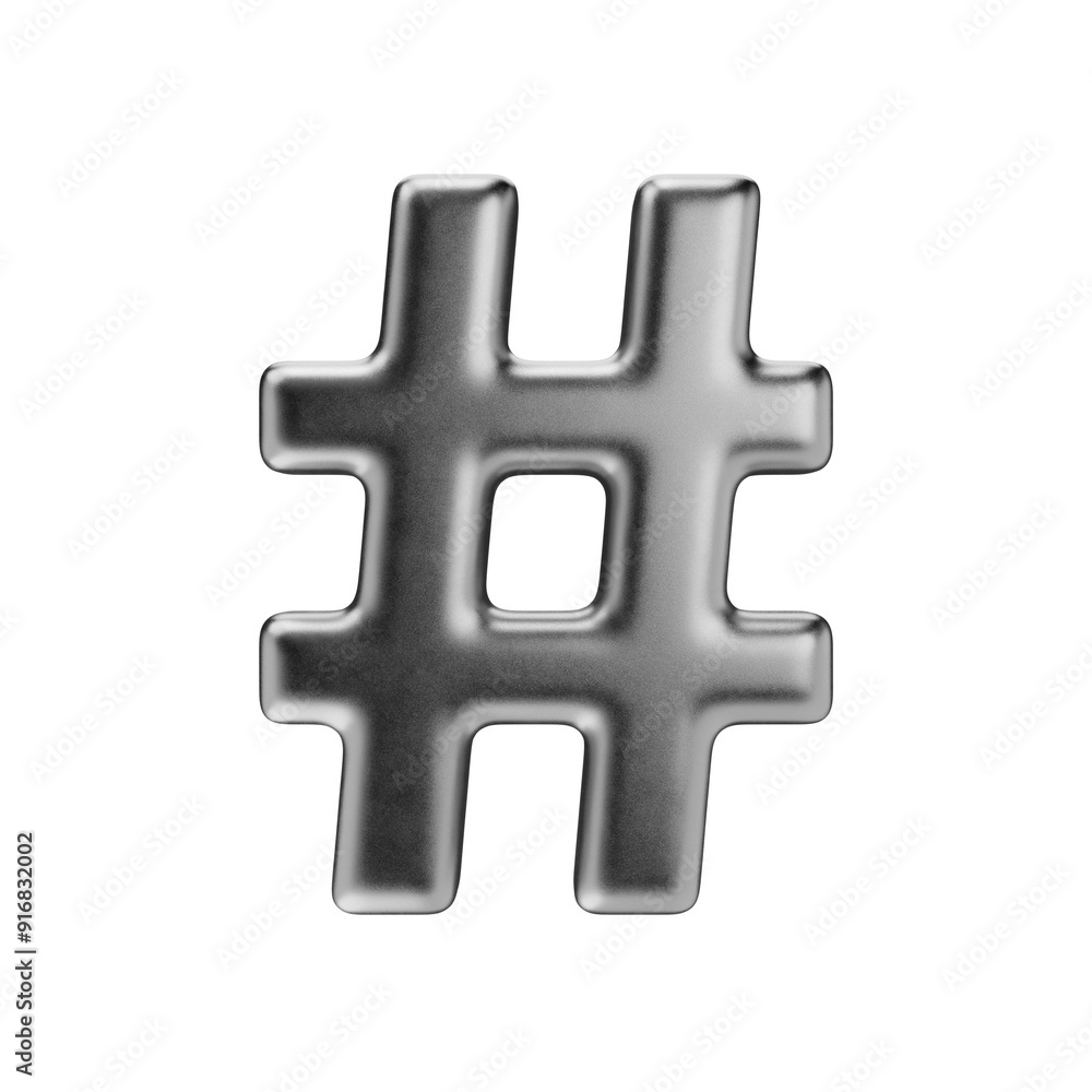 Fototapeta premium Hashtag sign. Typography mark isolated on a transparent background. 3D render of an icon in silver with a matte texture.