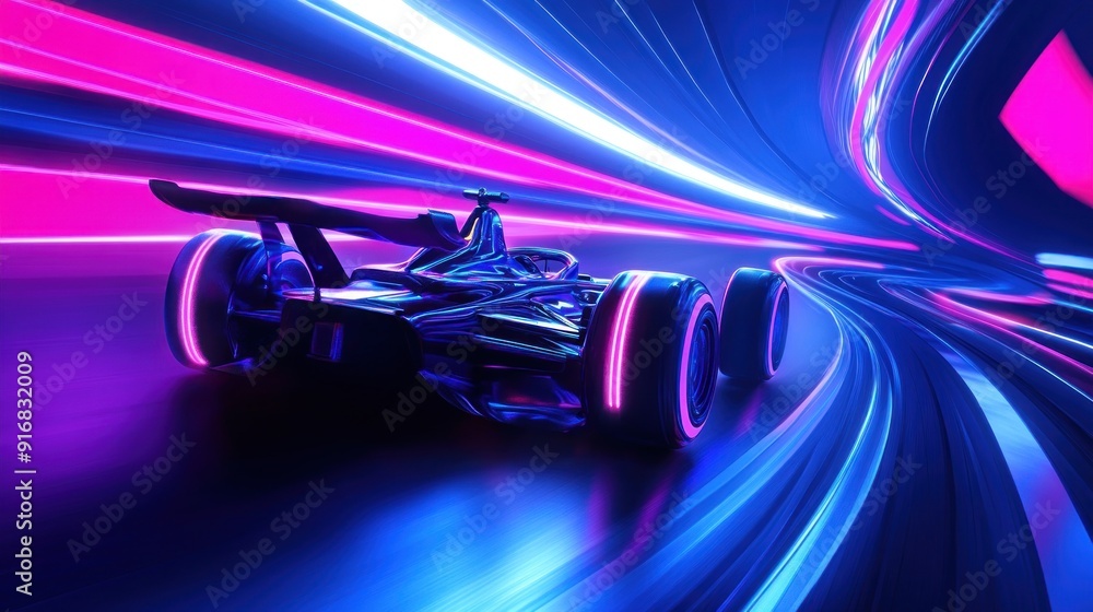 Naklejka premium Race Car in Neon Tunnel