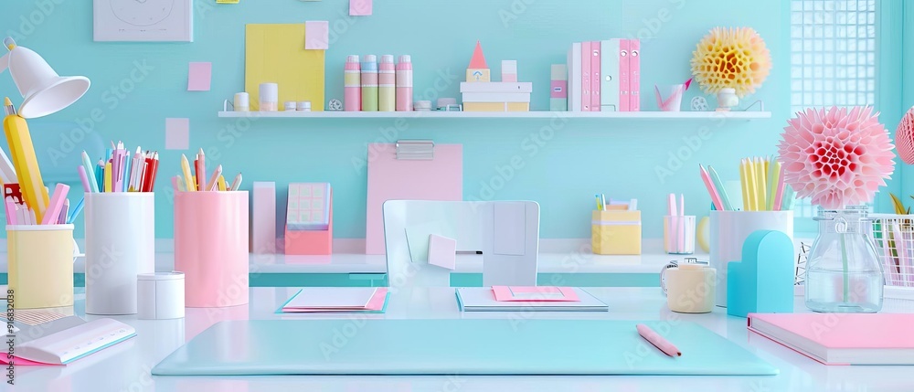 A bright study space with a variety of colorful stationery items, such as highlighters, sticky notes, and notebooks, all meticulously organized A bright study space with a variety of colorful stationery items, such as highlighters, sticky notes, and notebooks, all meticulously organized