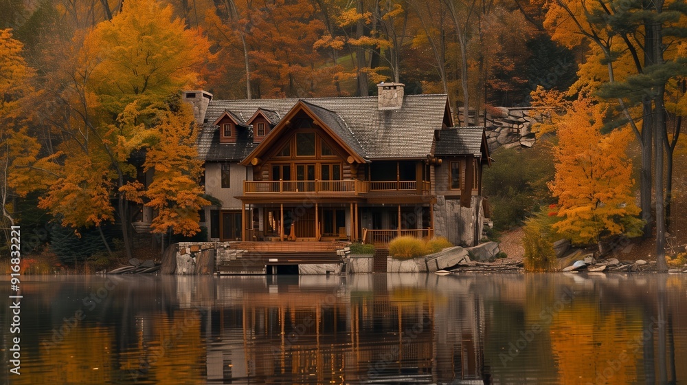 Fototapeta premium A secluded lake house by a calm water, with fall trees beautifully mirrored.