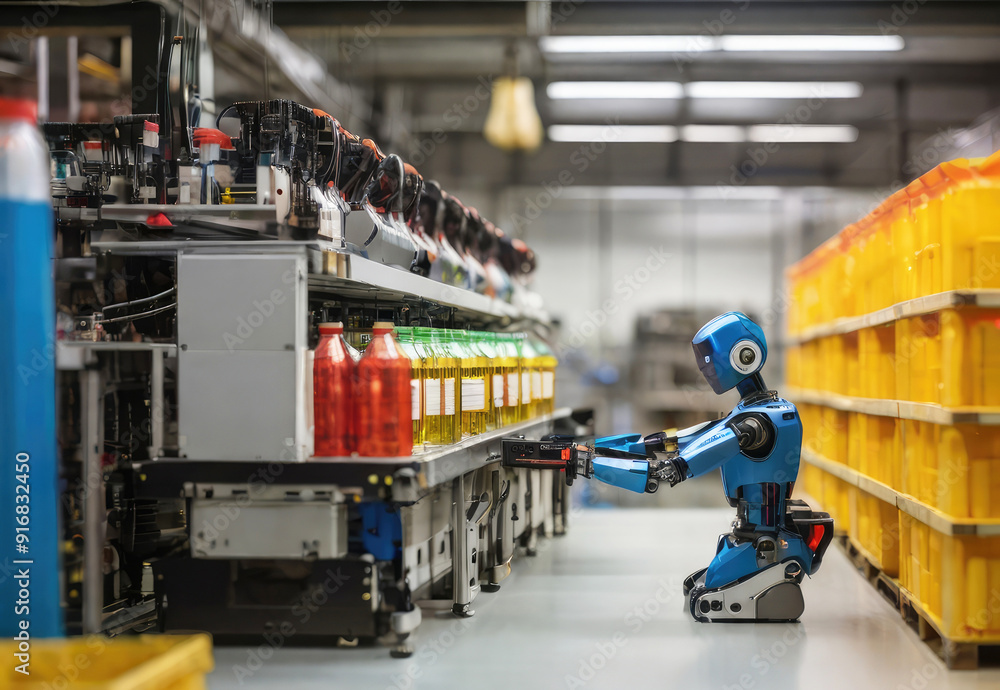 Fototapeta premium Robot labels the drink bottles in a warehouse.