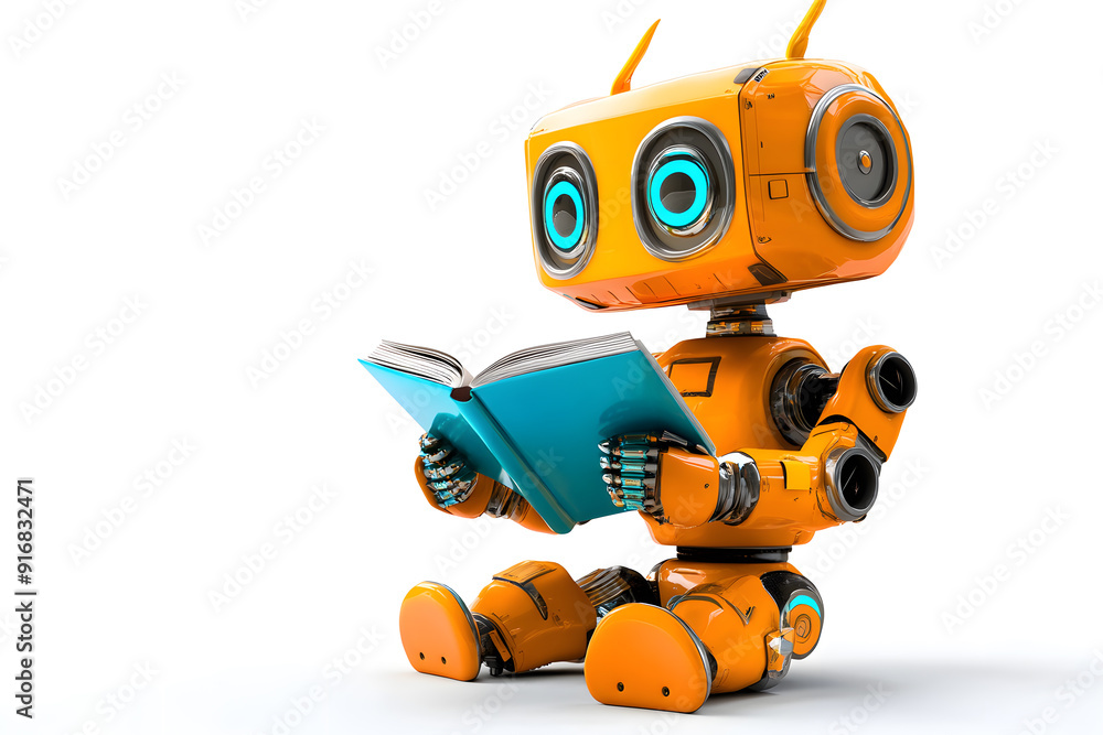 Cute friendly artificial intelligence robot reading book 3d illustration isolated on white. Chatbot and AI assistant concept Cute friendly artificial intelligence robot reading book 3d illustration isolated on white. Chatbot and AI assistant concept