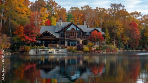 A secluded lake house with crystal-clear water reflecting autumn trees in vivid colors.