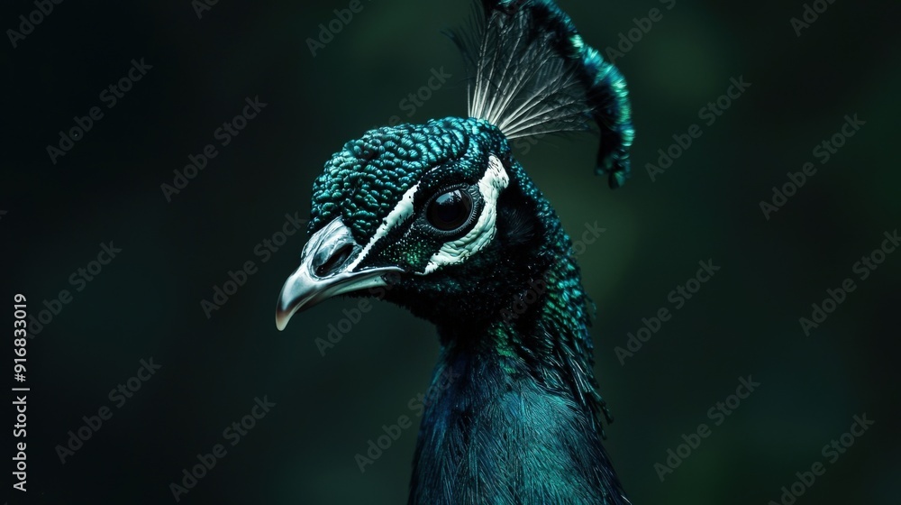 A close-up of a peacock showcasing its iridescent feathers and striking features. A close-up of a peacock showcasing its iridescent feathers and striking features.