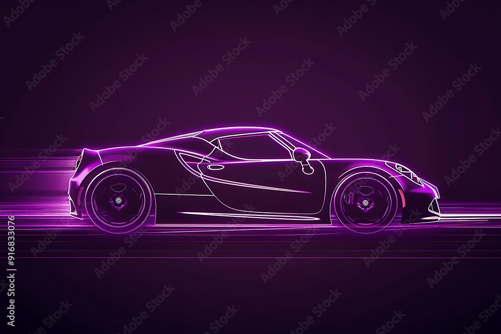 Naklejka premium Cyberpunk neon car on the tech space and vertical rays of light around. 