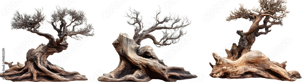 Collection of 3 natural wood tree sculptures, isolated on transparent background Collection of 3 natural wood tree sculptures, isolated on transparent background