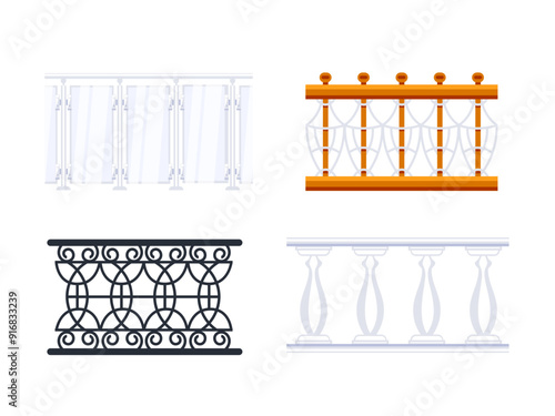 Set of balcony railing is showing different design and material using flat style